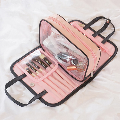 Trucco di plastica pieghevole della borsa dell'articolo da toeletta della borsa cosmetica impermeabile nera di rosa chiaro