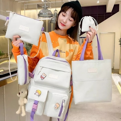 La borsa di scuola delle ragazze ha messo la tela ODM della borsa della matita dell'imbracatura dell'insieme dello zaino di 5 pezzi